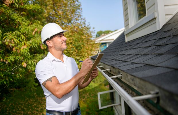 A Man with a white hard hat holding a clipboard, inspecting house roof