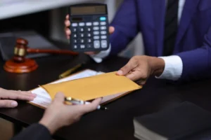 A suited man is engaged in calculations, holding a calculator in one hand and a piece of paper in the other.